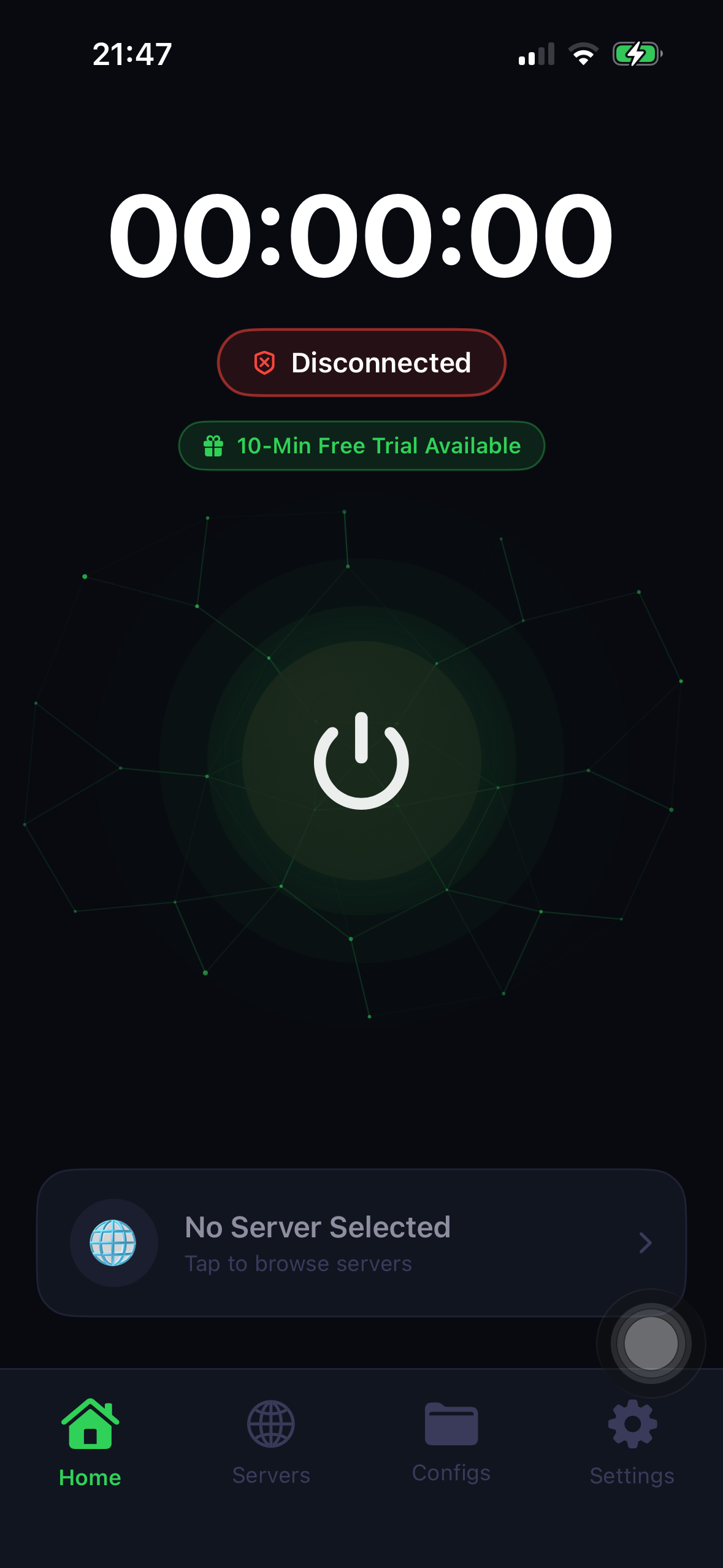 Home screen, disconnected